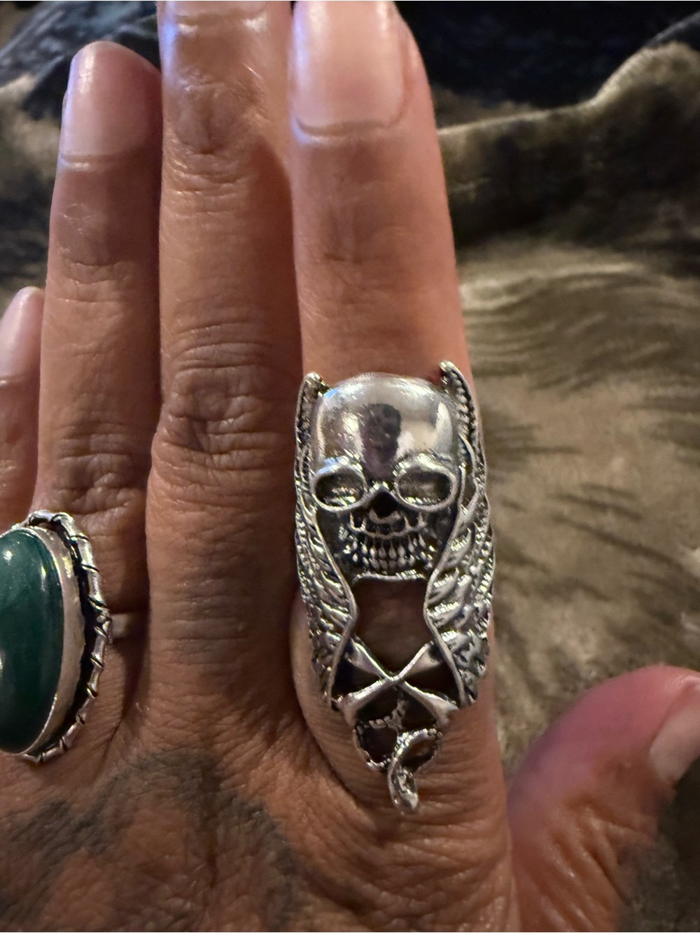 Silver Skull Wing Men's Statement Ring - Silver